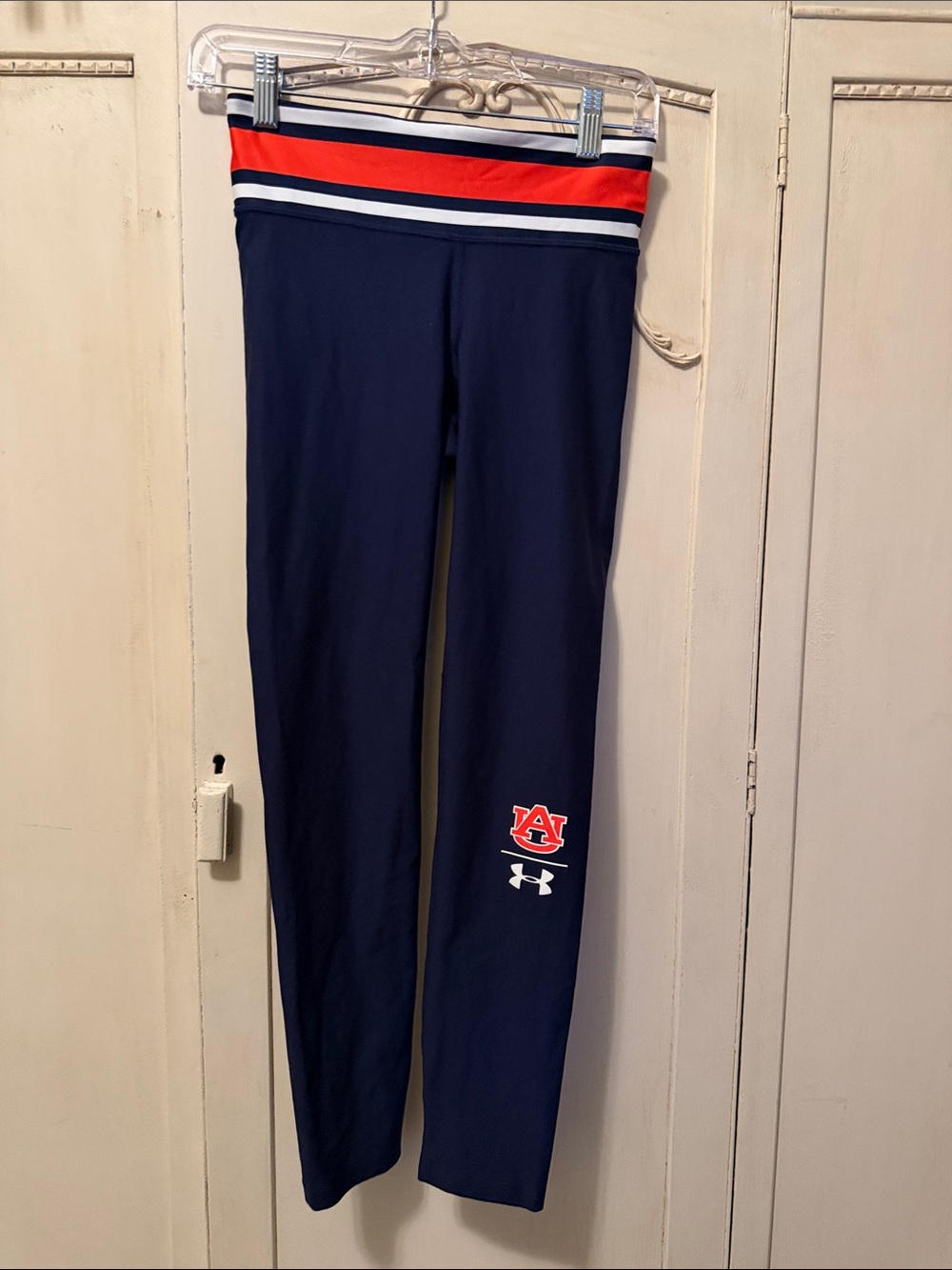 Auburn Under Armour Navy Leggings with Red and White Striped Waistband